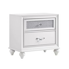 a white nightstand with two drawers on each side and one drawer open to show the bottom