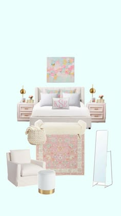 a bedroom with white furniture and pink accents