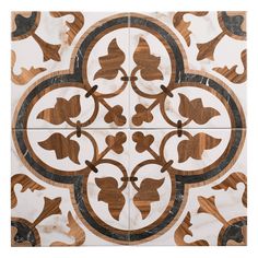 an intricately designed tile with wood and black accents on the bottom half of it