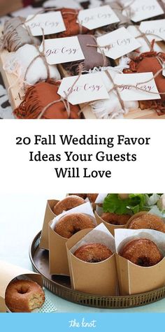 wedding favors and donuts on a table with the words, 20 fall wedding favors ideas your guests will love