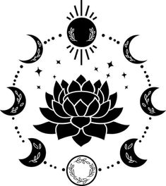 the sun, moon and lotus symbol in black on a white background with stars around it