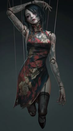 a woman with tattoos is swinging on strings