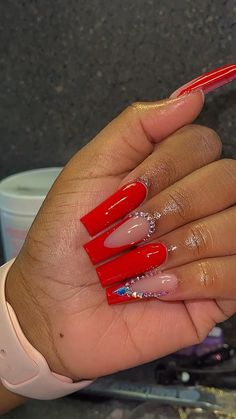 Red Acrylic Nails Designs Rhinestones Short, Read Nails Design, Red Nails And Designs, Red Birthday Nail Ideas, Red And Silver Square Nails, Nail Ideas For Valentines Day Simple, Red Baddie Nails Short, Red And Rhinestone Nails, Cute Baddie Nails Short Red