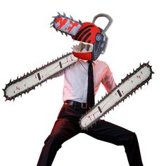 a man in a suit and tie with chainsaws on his head, wearing a mask