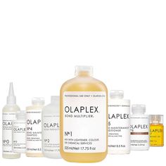 Olaplex Treatments   	Olaplex Nº.0 Bond Builder (155 ml) – Bond-builder treatment  	Olaplex Nº.1 Bond Multiplier (525 ml) & (100ml)  	Olaplex Nº.2 Bond Perfector (525 ml) & (100ml)  	Olaplex Nº.3 Hair Perfector (100 ml)  	Olaplex Nº.4 Bond Maintenance Shampoo (250 ml) – A highly-nourishing and reparative shampoo.  	Olaplex Nº.5 Bond Maintenance Conditioner (250 ml) – A highly-moisturizing, reparative conditioner for all hair types  	Olaplex Nº.6 Bond Smoother (100 ml) – A highly concentrated lea Shampoo Olaplex, Olaplex No 6, Hair Split Ends, Olaplex No 3, Purple Shampoo And Conditioner, Hair Treatments, Hair Control, Oil Mix, Purple Shampoo