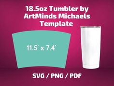 a white tumbler cup sitting next to a pink background with the words art minds michael's template