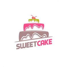 a logo for a cake shop with a slice missing from the cake and the words sweet cake on it