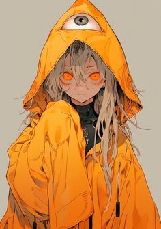 an anime character with orange eyes and long blonde hair, wearing an orange raincoat