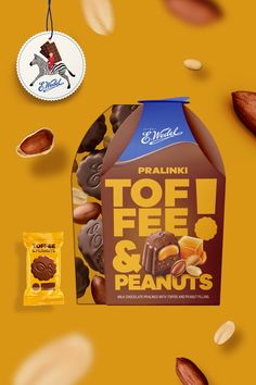 an assortment of nuts and chocolates on a yellow background with the words too free & peanuts