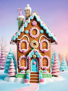 a gingerbread house is decorated with icing and decorations for the holiday season,