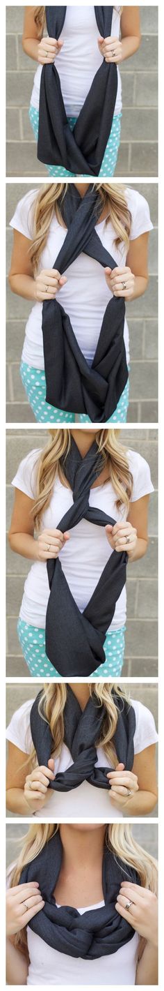 Another way to tie an infinity scarf - I haven't seen this one before. Scarves Outfits, Ways To Tie A Scarf, Mode Ab 50, Tie A Scarf, Scarf Knots, Mode Tips, Ways To Wear A Scarf, How To Wear A Scarf