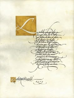 an old envelope with writing on it and a gold square in the middle, surrounded by cursive handwriting