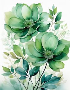 a painting of green flowers and leaves on a white background