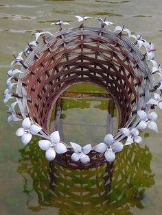 there is a basket with birds in it sitting on the water's surface,