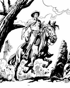 a black and white drawing of a cowboy riding a horse in the mountains with trees