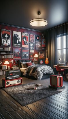 a bedroom with posters on the wall and a bed in front of a tv set