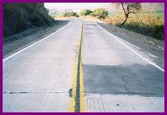 an empty road with yellow lines painted on the side and purple border around it, in front of some trees