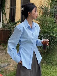 Blouse Upcycle Diy, Upcycle Button Down Shirt, Kemeja Style, Women Blazers, Side Snap, Blue Button Up Shirt, Upcycle Shirt, Fashion Top Outfits, Button Blouse