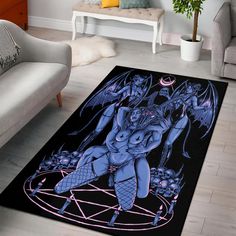 a rug with an image of two women on it in the middle of a living room