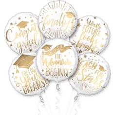 graduation balloons with gold foil lettering and confetti