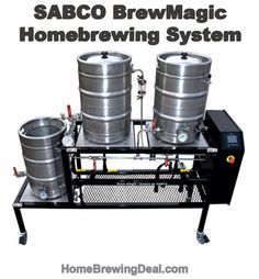 the sabco brewing system is shown with two kegs on it and an image of