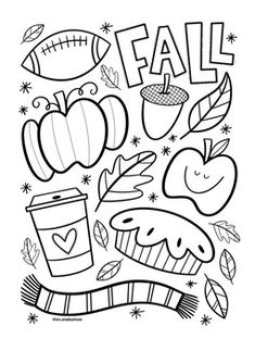 a coloring page with the words fall written in black and white, surrounded by school supplies