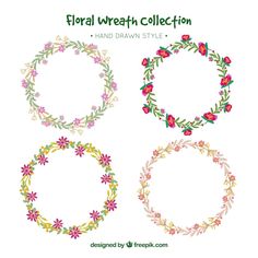 four floral wreaths in different colors and sizes