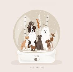 a snow globe with dogs in it and trees behind it, on a light colored background