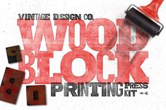 an advertisement for wood block printing with red ink and black rubber stamp on white paper