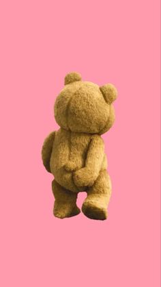 a brown teddy bear sitting on top of a pink background