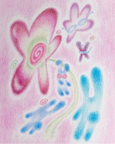 a drawing of flowers and butterflies on a pink background