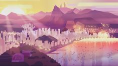 an illustration of a city by the water with mountains in the background and lights on