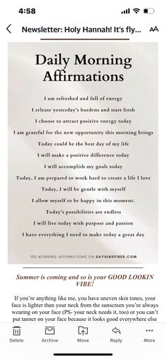 an email message with the words daily morning affirmmations written in black and white