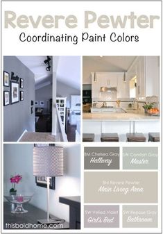 an advertisement for the revere pewer coordinating paint colors in this kitchen and dining room