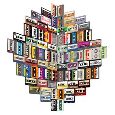 a bunch of cassette tapes arranged in the shape of a tree