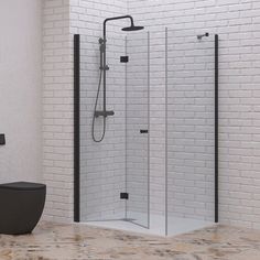 a white and black bathroom with a walk - in shower next to a toilet bowl