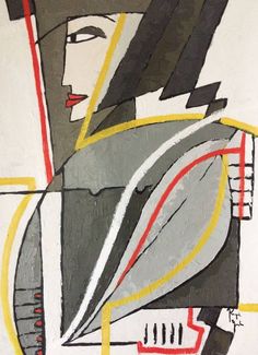 an abstract painting with black, yellow and red lines on it's face is shown