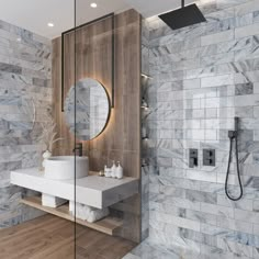 a modern bathroom with marble tile and wood accenting the walls, along with a walk - in shower