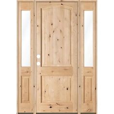 a wooden door with glass and side panels