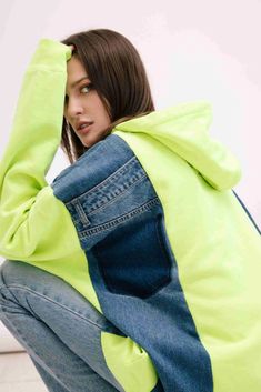 Neon green hoodie made from jeans pants Neon Green Hoodie, Bleached Denim Jacket, Denim Hoodie, Painted Denim Jacket, Vintage Jean Jacket, Blanket Coat, Bleached Denim, Green Fits, Painted Denim