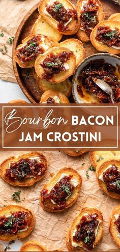 Bourbon bacon jam crostini with brie cheese on a round serving platter. Bourbon Themed Food, Bacon Brie Appetizer, Bourbon Inspired Appetizers, Speakeasy Party Food Appetizers, Food To Pair With Bourbon, Bourbon Charcuterie Board, Bacon Board Ideas, Snacks For Whiskey Tasting, Speakeasy Appetizers