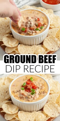 two images showing the process to make ground beef dip recipe with tortilla chips