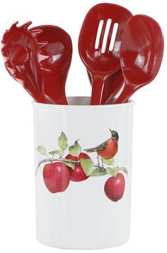 PRICES MAY VARY. Durable Plastic Utensil Holder measures 4 ¾”D x 6 ½”H and comes stocked with a starter set of Melamine cooking/ baking tools. Plastic Utensil Crock / Canister is versatile and adds a pop of color to your kitchen décor. Organize your favorite gadgets and keep them within reach while you cook. Melamine Utensils measure 11” long and are heat safe to 250°F (boiling). BPA Free. Utensils and Tool Jar are Dishwasher Safe. Kitchen tool kit includes: Spoon, Spatula, Ladle, Slotted Spoon, Green Kitchen Utensils, Cottage Kitchen Decor, Apple Kitchen Decor, Safe Kitchen, White Apple, Plastic Utensils, Apple Decorations, A Robin, Apple Home