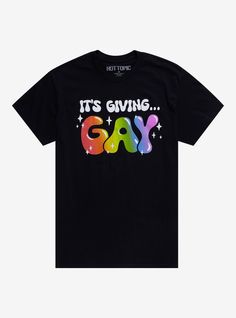 It's giving... gay! This tee is perfect for pride season thanks to its bubble-letter text reading "It's giving... gay " with "gay" in rainbow colors surrounded by stars.100% cottonWash cold; dry lowImportedListed in unisex sizes Pride Letter Print Streetwear T-shirt, Lgbtq Clothes, Queer Vibes, Funny Pride, Gay T Shirt, Lgbtq Things, Gay Shirts, Lgbt Shirts, Bubble Letter