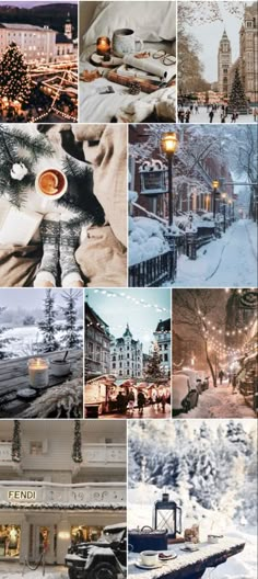 the collage shows many different scenes in winter