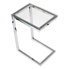 a glass side table with metal legs and a square shaped shelf on one end, against a white background