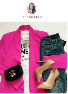 Pink Blazer Jeans, Blazer Jeans Outfit, Hot Pink Blazer, Outfits Con Jeans, Blazer Outfits For Women, Blazer Jeans, Elegante Casual, Accessories Brand