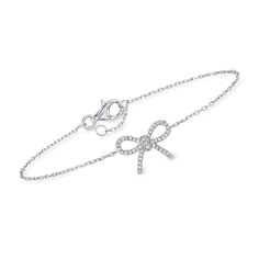 Ross-Simons - .10 ct. t. w. Diamond Bow Bracelet in Sterling Silver. 6.5". RS Pure. Modern designs that complete your outfit and complement your personality. A sweet way to add some personality to your stack, this pretty bracelet features a simple bow design glimmering with .10 ct. t. w. round diamonds. Crafted in sterling silver. Cable chain includes a 1/2" extender. Lobster clasp, diamond bow bracelet. Diamond birthstones are the perfect gift for April birthdays. Small Watches Women, Hoco Jewelry, Simple Bow, Preppy Jewelry, Diamond Bows, Bracelet Diamond, Diamond Birthstone, Bow Bracelet, Silver Bow