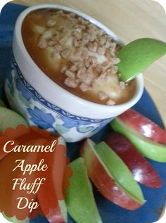 caramel apple fluff dip with sliced apples on the side