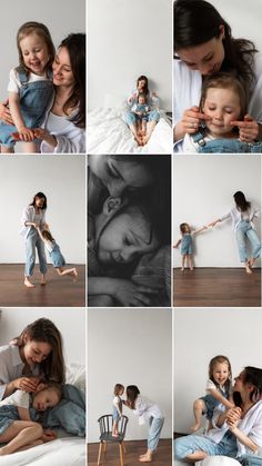 a collage of photos shows a woman and child playing with each other